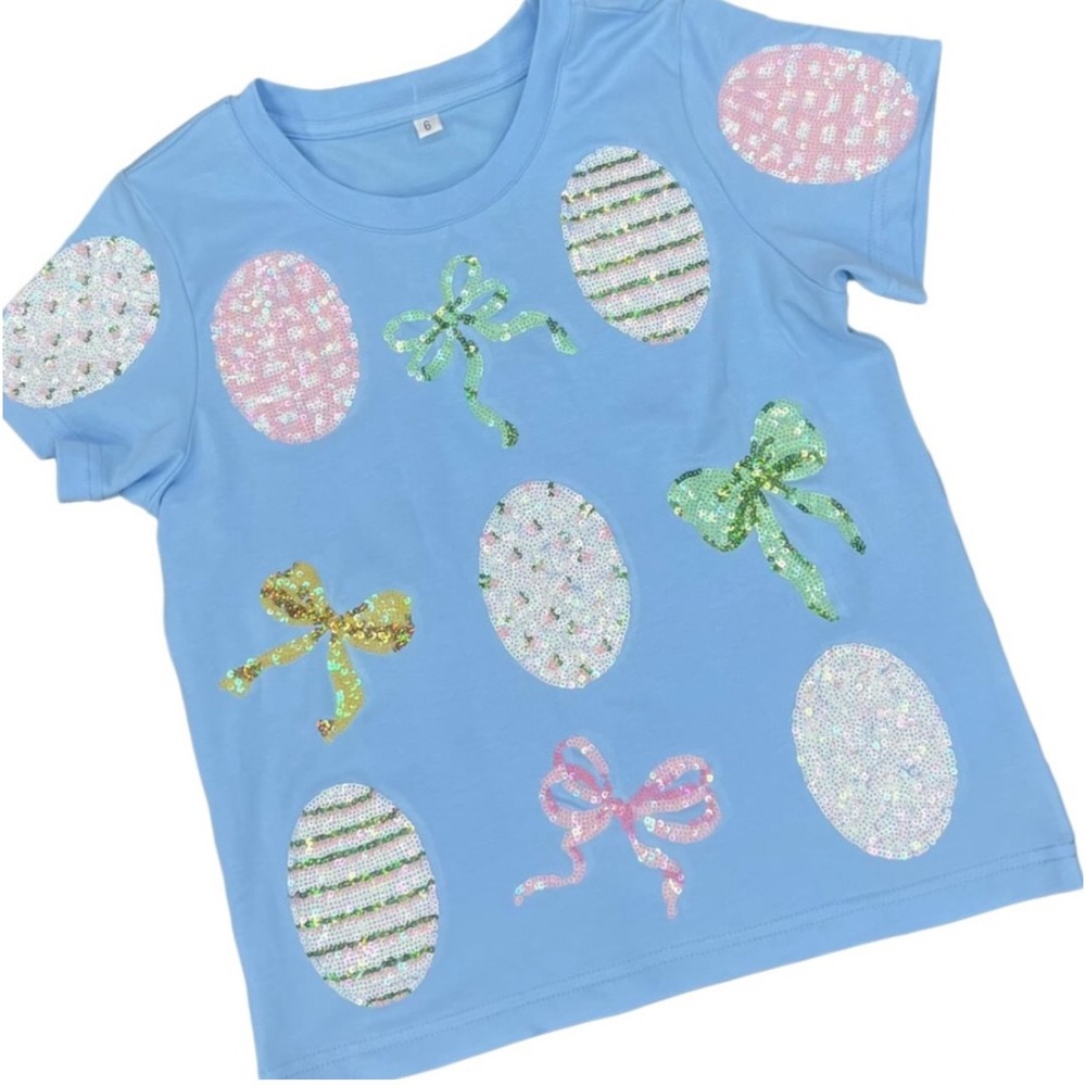 Seersucker Joey Easter Sequin Egg Bow Short Sleeve Tee Light Blue